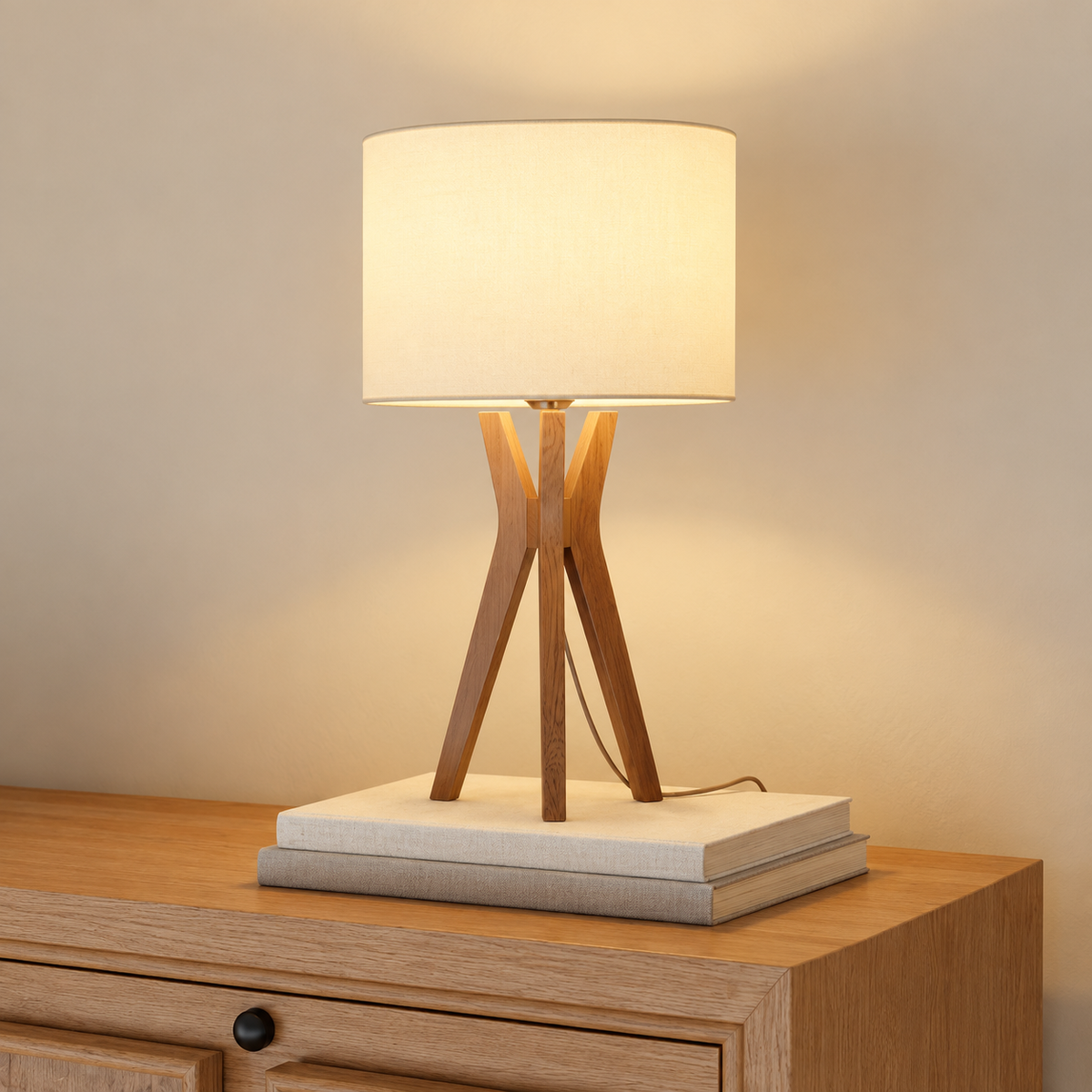 Wooden Tripod Table Lamp with Cream Shade