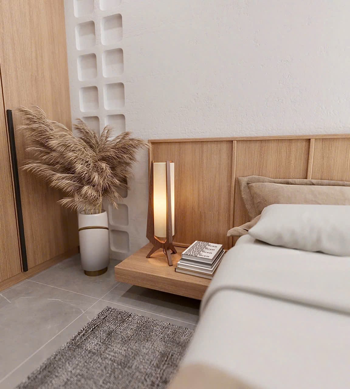 Tall Ash Wood Table Lamp with Fabric Shade