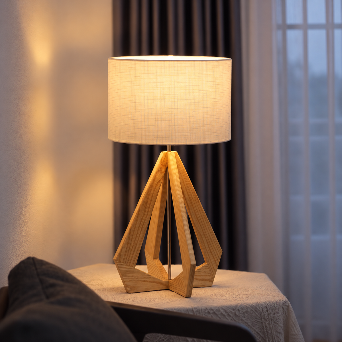 Ash Wood Table Lamp with Fabric Shade and Geometric Wooden Base
