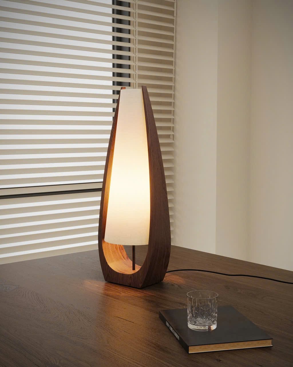 Curved Pine Wood Table Lamp with Fabric Shade