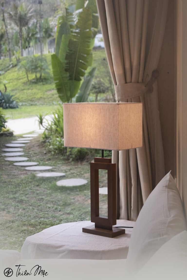 Ash Wood Table Lamp with Rectangular Fabric Shade